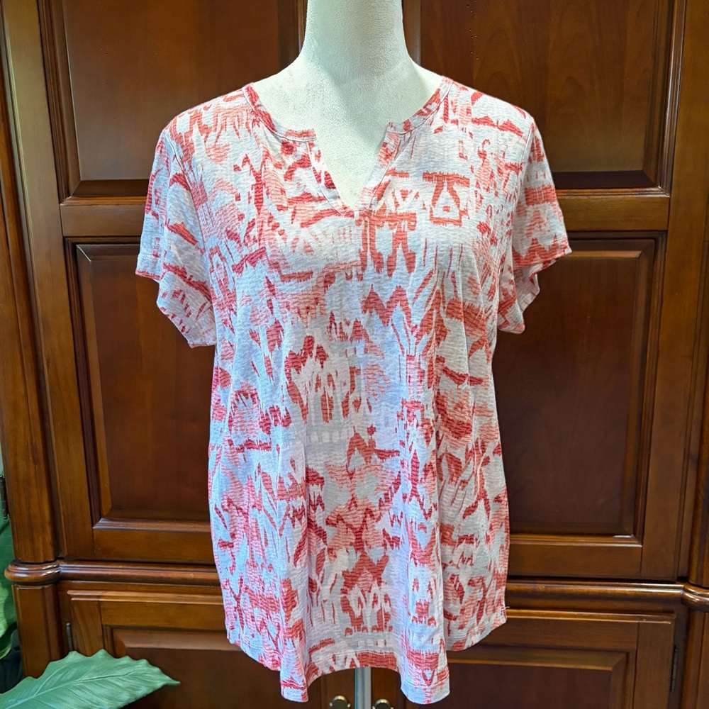 Orvis SzMed Linen peach and white short sleeve top